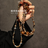 奢华高级感棕豹纹水钻串珠长斜挎挂绳链条手机壳包包通用挂件女潮