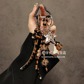原创设计豹纹串珠猫咪镜子手提挂绳挂饰手机壳汽车钥匙扣包包挂件