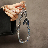 奢华高级感黑蓝水晶蝴蝶串珠手链手腕短挂绳手机壳汽车钥匙扣挂件