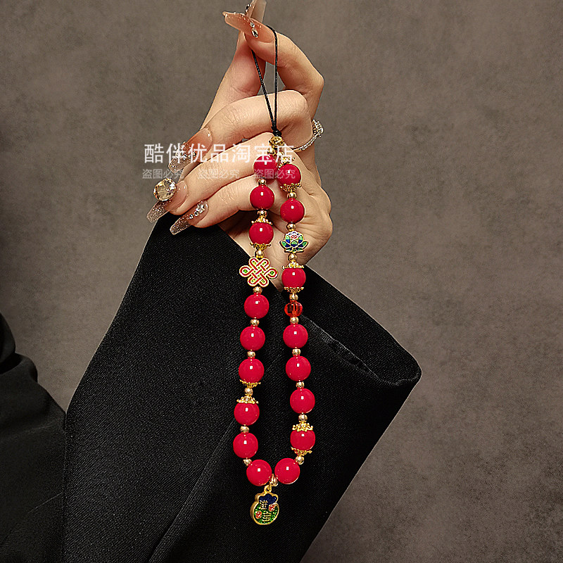 中国风红水晶串珠手提链手腕短挂绳手机壳包包ccd相机装饰挂件潮,3C数码配件,手机挂件/手机链,淘宝优惠券,粉丝福利购,淘宝优惠卷