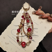 中国风招财猫红水晶双串珠手提链手腕短挂绳手机壳汽车钥匙扣挂件