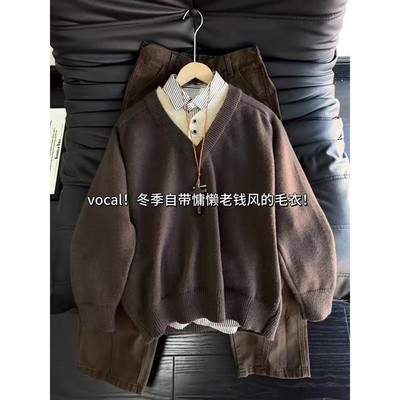 美拉德老钱风假两件v领毛衣男秋冬复古高级感情侣针织衫叠穿内搭