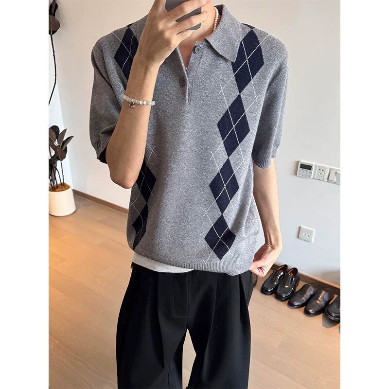老钱风美式菱格polo针织短袖男款夏季阿尔盖提花正肩t恤高智半袖