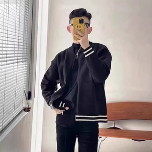 新款 宽松高级感棒球领针织衫 拉链开衫 韩版 外套 条纹毛衣男款 春秋季