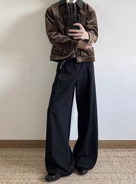 美式527g重磅TR分褶A字通勤西裤男直筒阔腿垂感宽松休闲长裤子潮