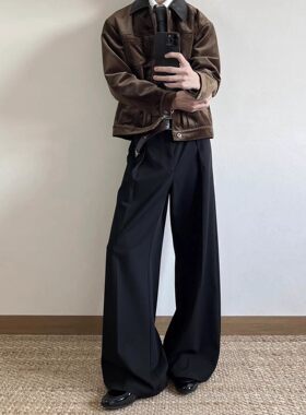 美式527g重磅TR分褶A字通勤西裤男直筒阔腿垂感宽松休闲长裤子潮