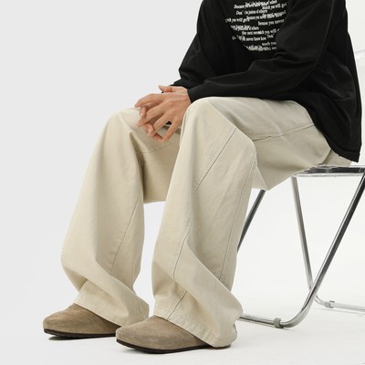 美式杏色直筒工装裤男潮牌宽松男款秋季秋冬休闲裤纯棉阔腿长裤子