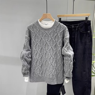 潮 套头圆领毛衣男宽松粗线针织衫 工厂「菱形格 复古麻花」秋冬季