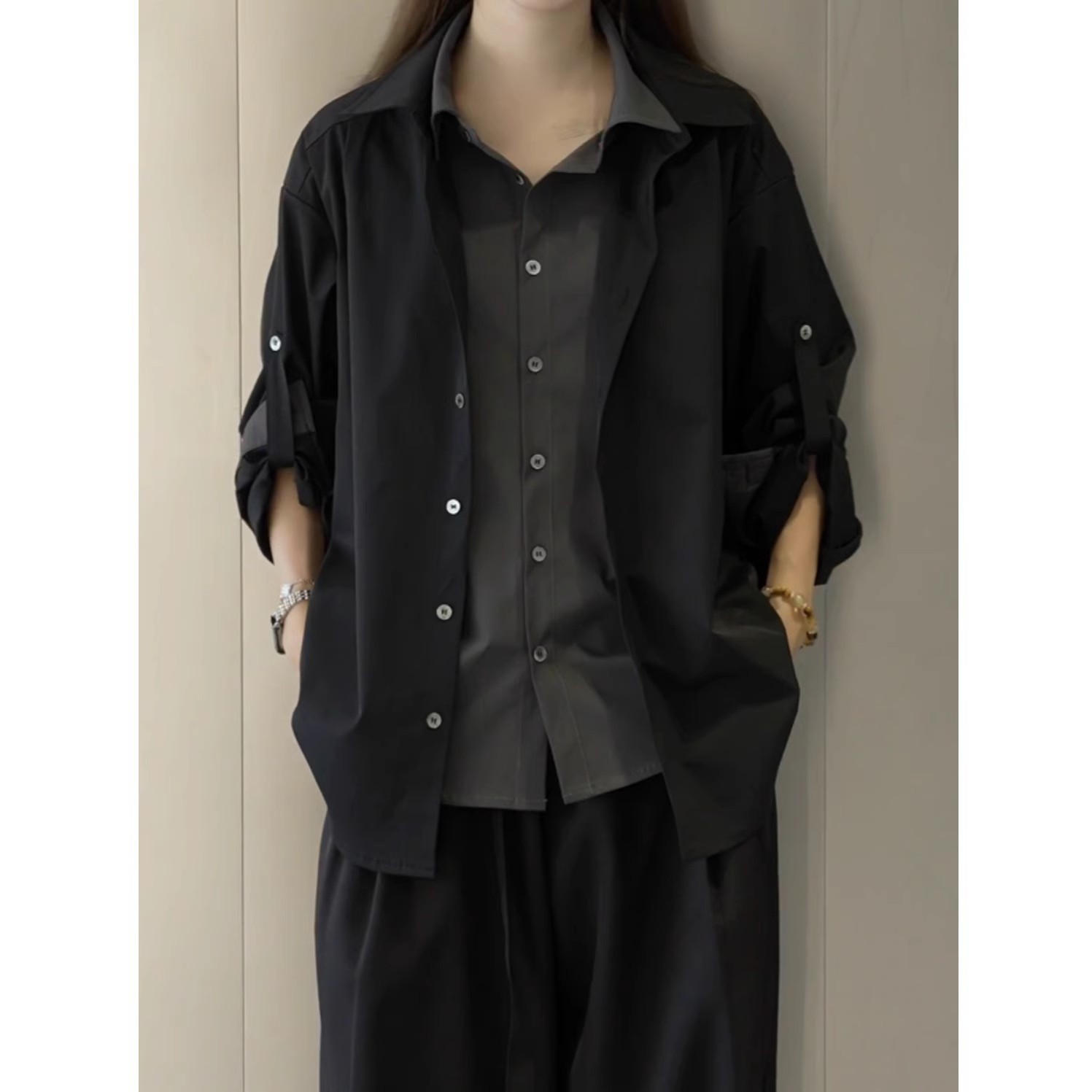 黑色假两件西装领带衬衫男女秋季高级感小众穿搭英伦风衬衣外套潮