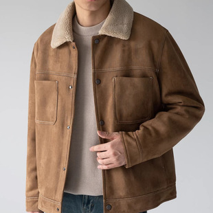 短款 加绒加厚2026新款 麂皮绒夹克 翻领羊羔绒棉袄外套男冬季 工厂