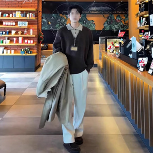 碳灰色假两件翻领polo毛衣男冬季 高级感内搭慵懒老钱风v领针织衫