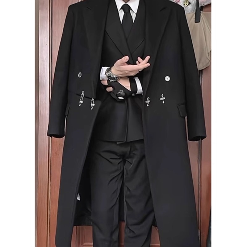 英伦雅痞男装戗驳领毛呢大衣男秋季新款高级感中长款过膝风衣外套