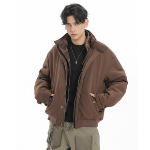 格纹假两件立领棉衣男复古老钱风保暖棉服外套潮 美式 factory 冬季