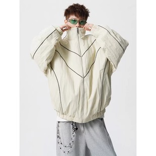 美式 潮牌设计感条纹加厚外套高街情侣保暖棉服 撞色立领棉衣男冬季