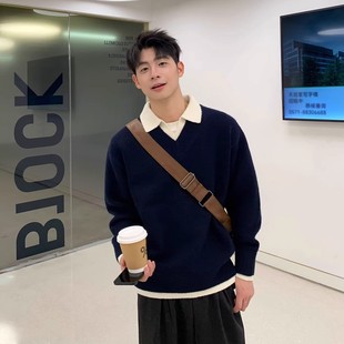 假两件撞色翻领套头男款 可外穿内搭上衣外套 秋冬慵懒高级感针织衫