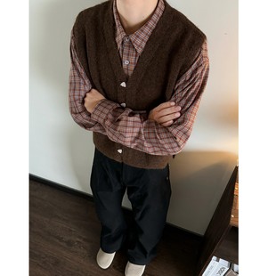 春秋美式 外搭叠穿休闲百搭背心 复古V领针织马甲男女棕色排扣无袖