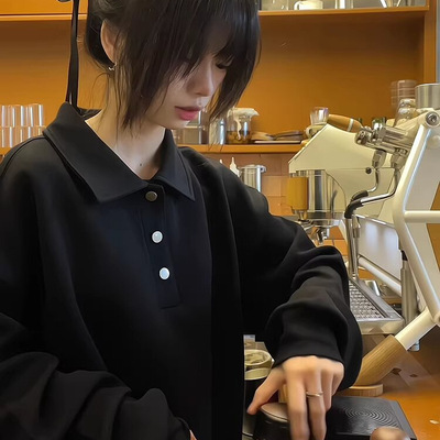 newdecay黑色polo卫衣男短款重磅硬挺长袖t恤痞帅高级感打底内搭