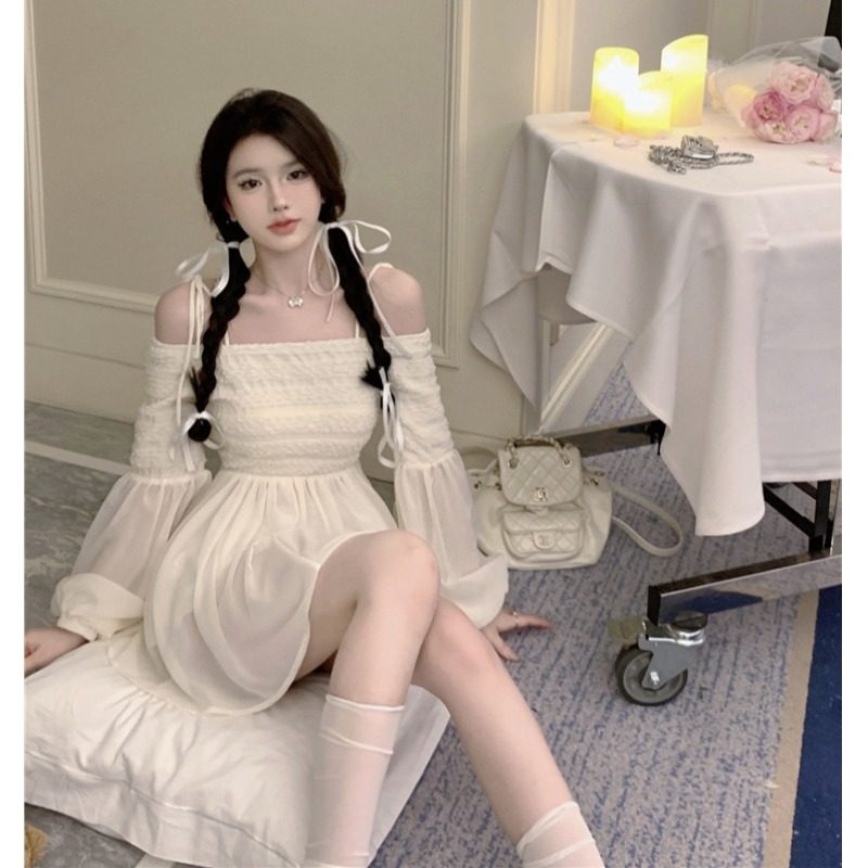 法式甜美长袖露肩连衣裙女夏