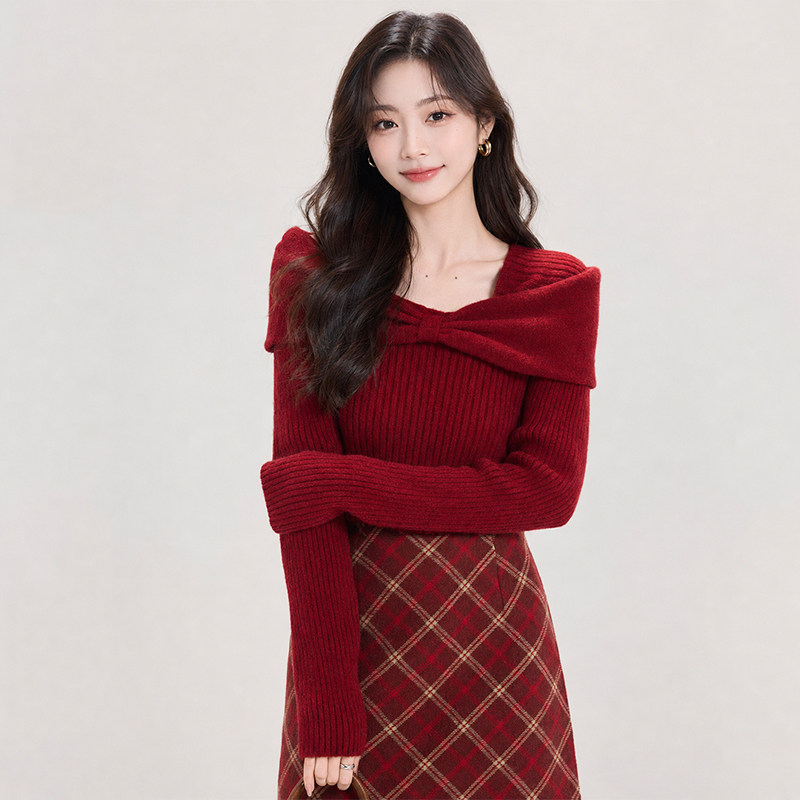 外星辣妹红色一字肩蝴蝶结针织衫女秋冬高级感显瘦打底毛衣套头
