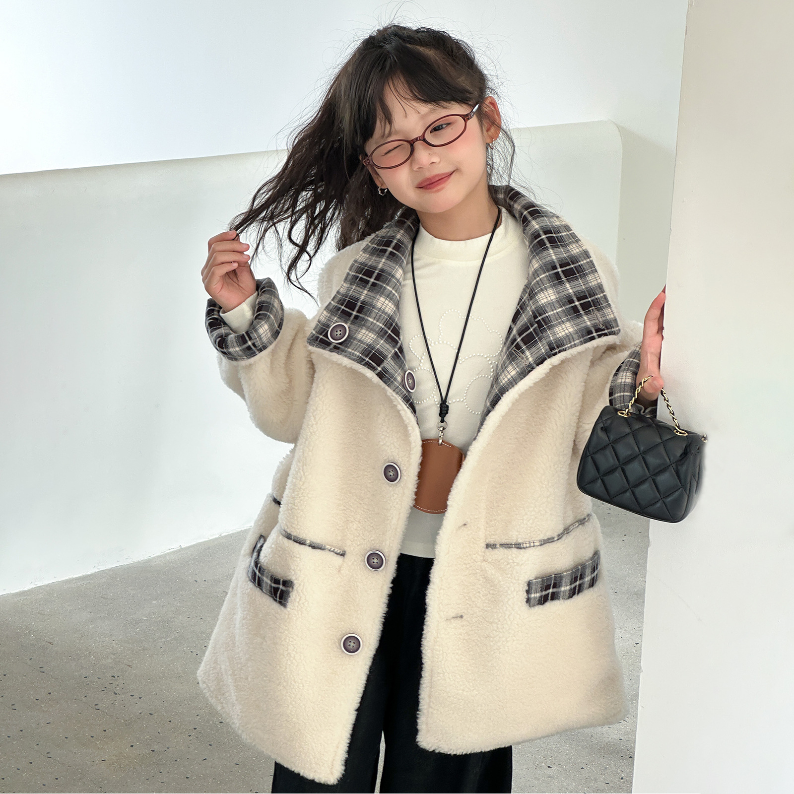 儿童皮草皮毛一体羊羔毛中长款中大童双面穿格子男童女童冬季外套