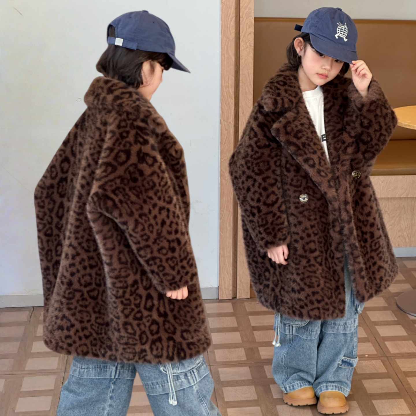 儿童皮草外套男女童中长款豹纹衣