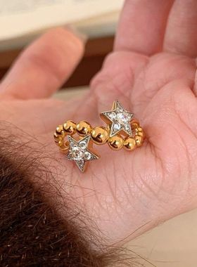 轻奢高级中古双子星戒指镶钻圆珠波浪复古小众设计百搭个性食指戒