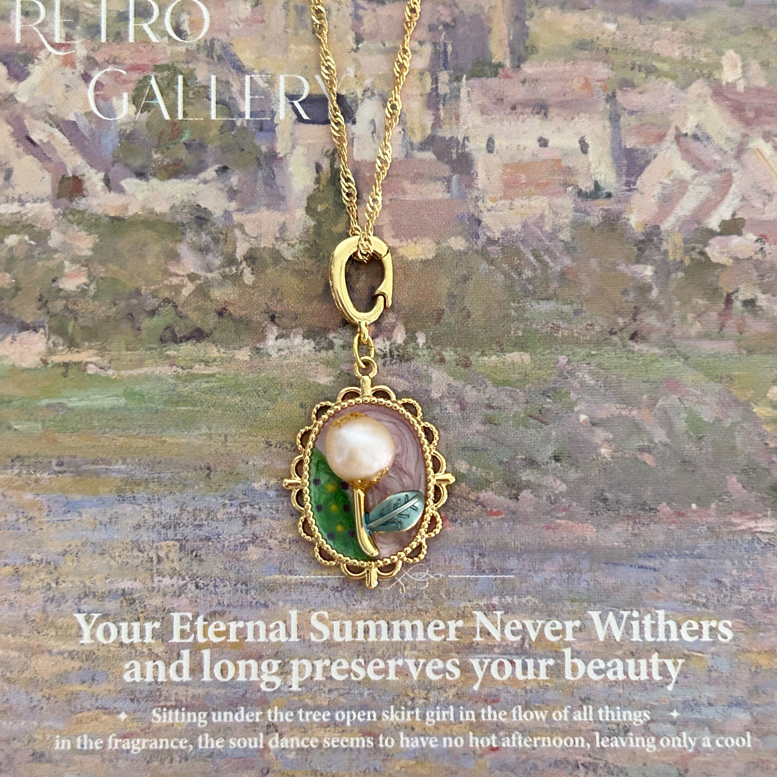 油画框巴洛克珍珠项链女轻奢小众设计高级感花朵吊坠新中式锁骨链