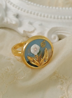 蓝色梦幻手绘油画戒指女极简莫兰