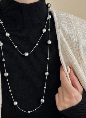 双层真多麻珍珠项链施家正圆强光轻奢浅色深色银灰毛衣链秋冬配饰