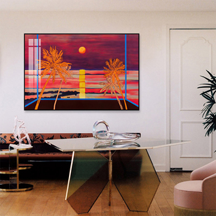 夕阳晚霞椰子树假窗风景挂画房间卧室餐厅装饰画海滩氛围感墙壁画