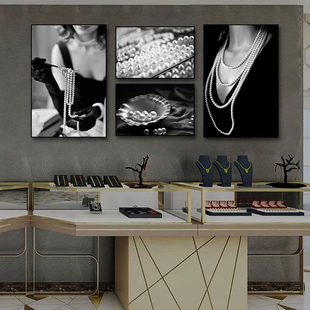 珠宝店装饰画珍珠首饰店挂画奢侈品专柜寄卖行黑白高级感美女壁画