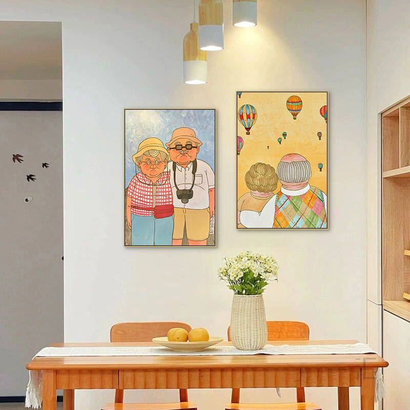 夫妻装饰画手绘治愈系老夫老妻情侣爷爷奶奶挂画卧室房间客厅壁画