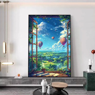 宫崎骏窗外风景装饰画北欧风客厅沙滩海岸挂画治愈系蓝天白云壁画