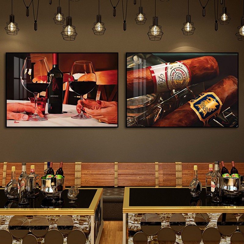雪茄挂画酒吧高档会所夜店包厢墙面红酒装饰画烟酒威士忌复古油画