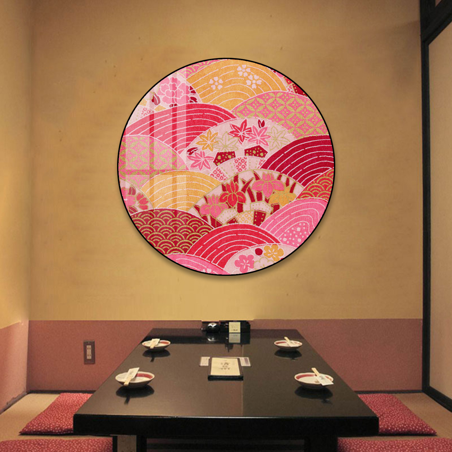 和风波浪花卉圆形挂画粉色系樱花海浪纹样居酒屋寿司店墙面装饰画