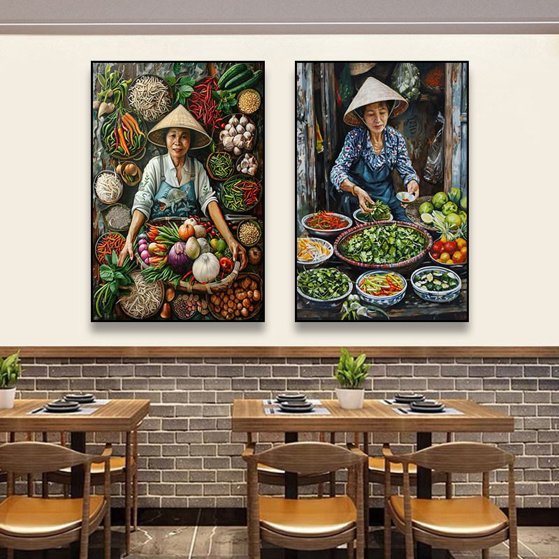 东南亚风格装饰画特色饭店油画风壁画越南饭厅墙街道美食风情挂画