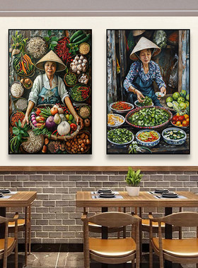 东南亚风格装饰画特色饭店油画风壁画越南饭厅墙街道美食风情挂画