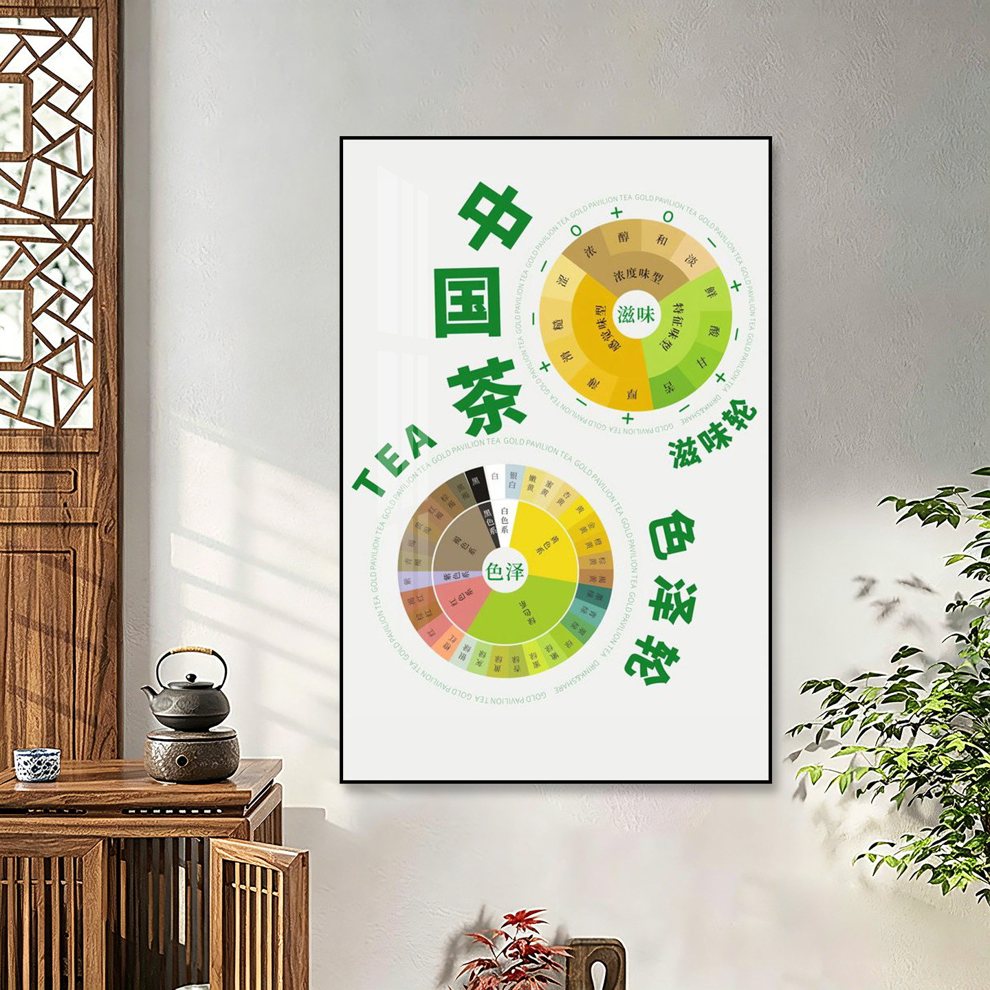 新中式茶文化挂画茶叶风味轮茶室装饰画茶馆背景墙绿红普洱茶壁画