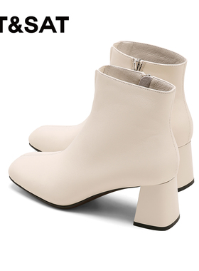 星期六高跟短靴女款2025新款冬季羊皮粗跟切尔西靴白色加绒马丁靴