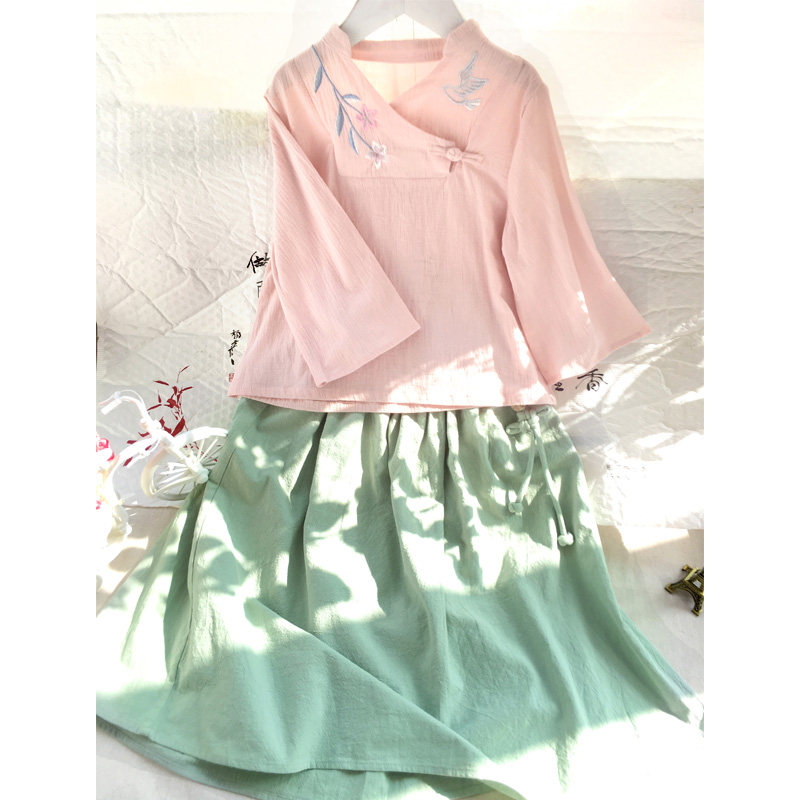 女童汉服古装刺绣衣服 中国风长袖连衣裙 女孩襦裙儿童唐装纯棉