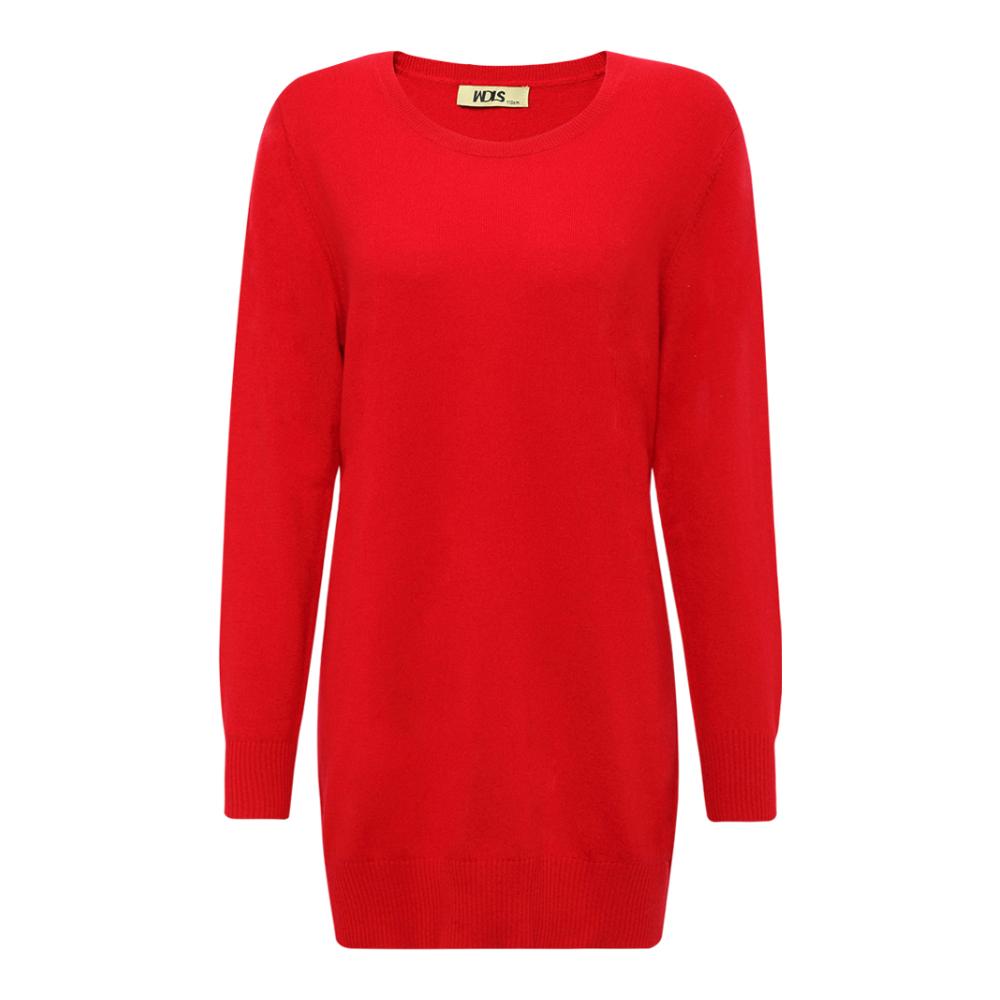 WDLS/维多拉斯 红色羊毛羊绒圆领长款长袖秋冬保暖舒适女士针织衫