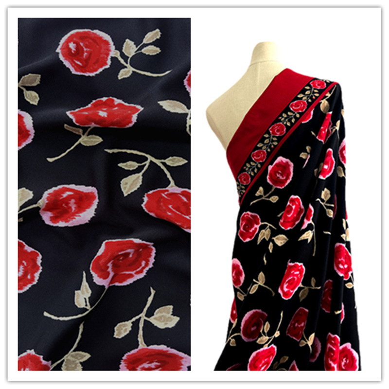 高品质款单面麻春夏季印花面料黑色底红花不透无弹性柔软服装布料