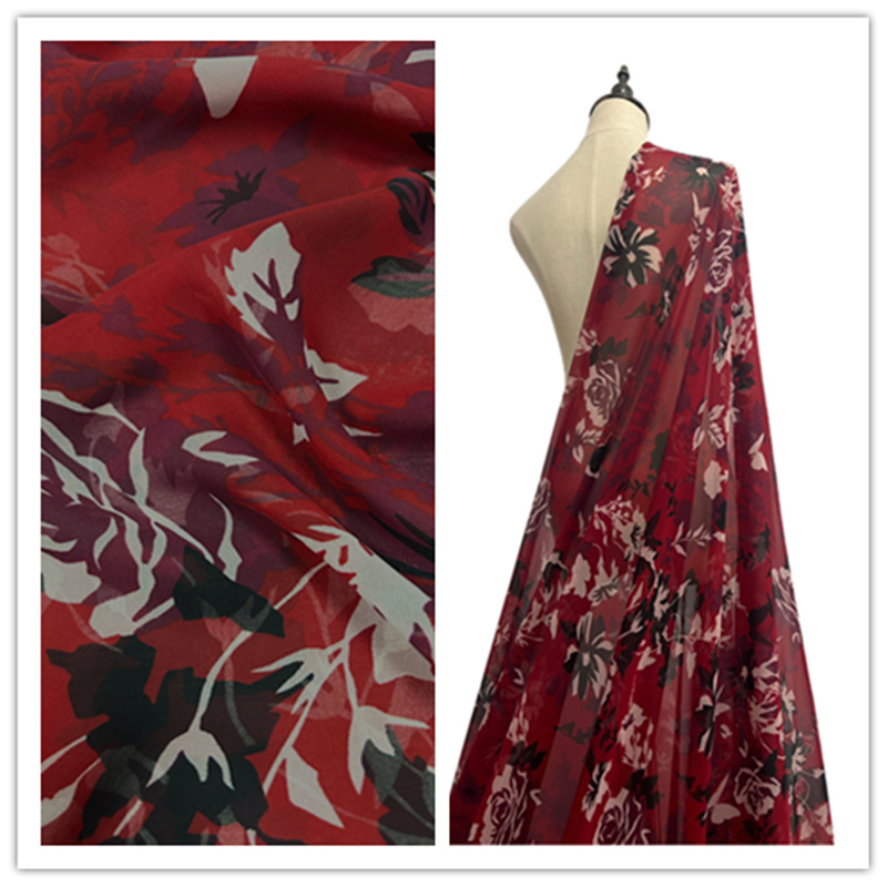高品质雪纺单层透无弹性春夏季印花面料酒红底花卉柔软服装布料