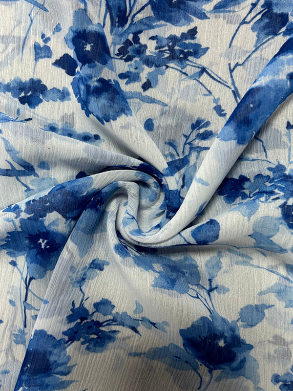 Chiffon crepe non-elastic single-layer transparent spring and summer printed fabric, white base blue flower soft clothing fabric thumbnail 2