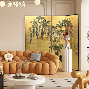 法式中古风手绘紫藤花金箔屏风现代客厅餐厅茶室书房酒店沙发背景