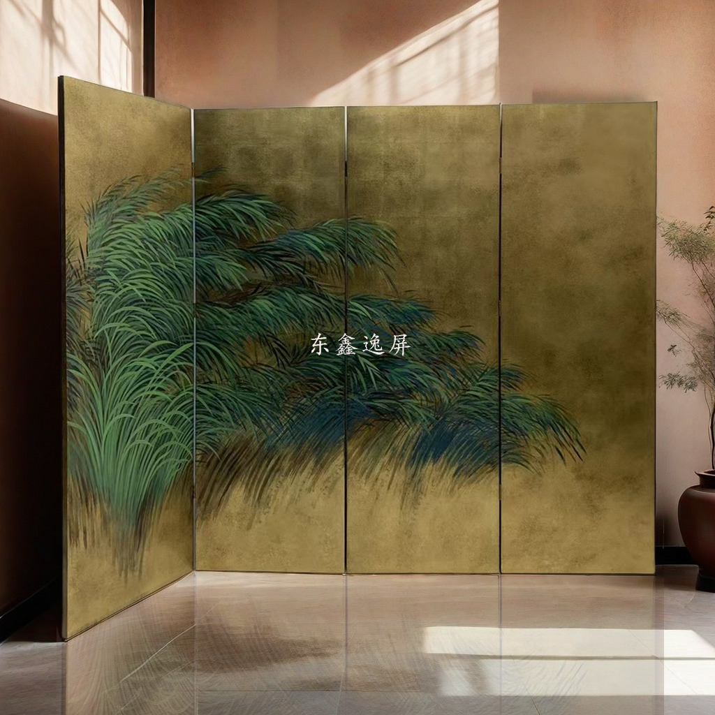 中古金箔个性花鸟屏风客厅茶室会所酒店样板房手绘折叠隔断背景画