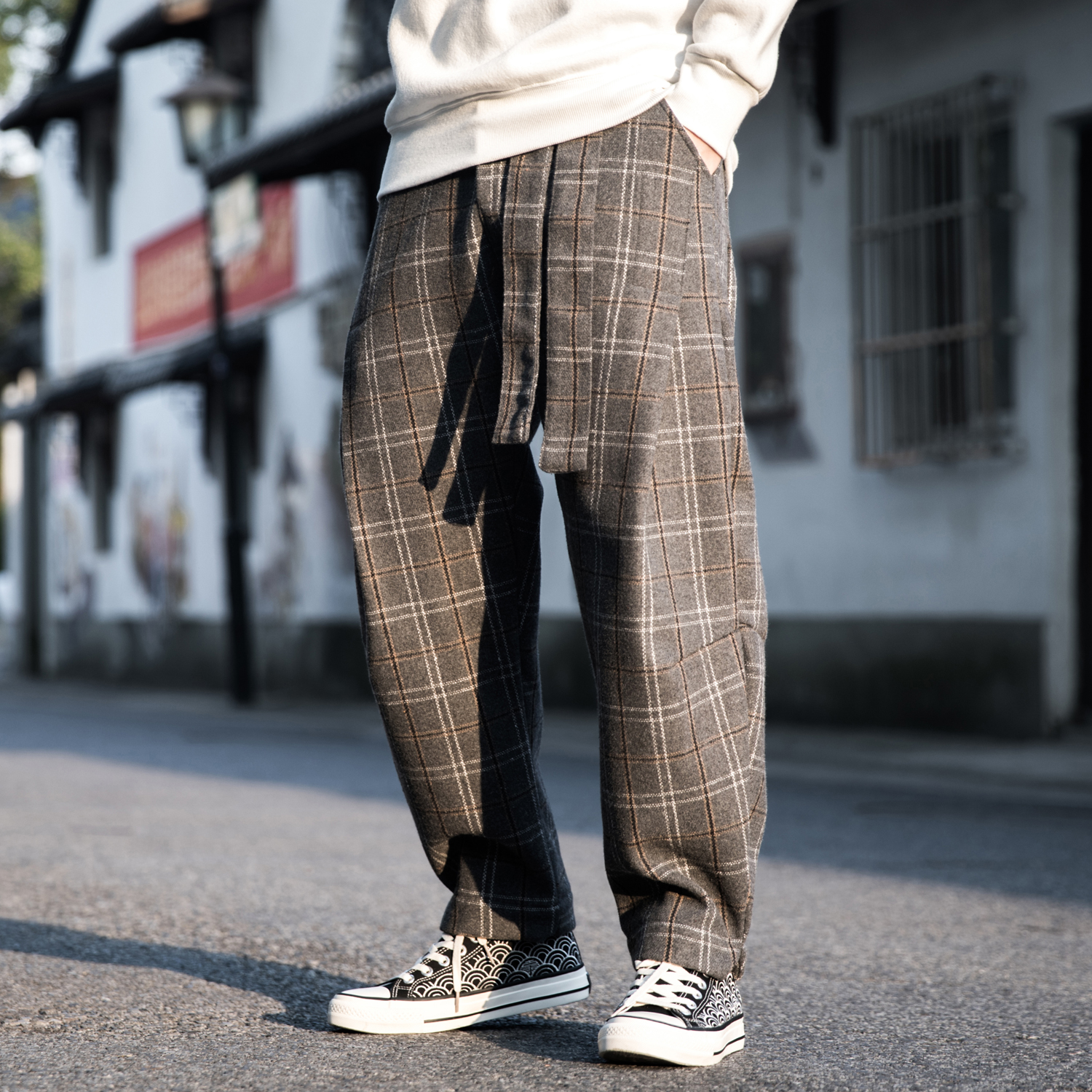 中国风毛呢经典格纹宽松休闲裤子
