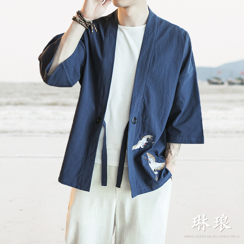 中国风复古唐装日式道袍外套男潮牌青年刺绣汉服七分袖和服开衫夏