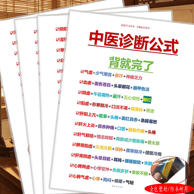 中医诊断公式气虚血虚阴虚阳虚辨证口诀中医入门速记A4宣传单海报