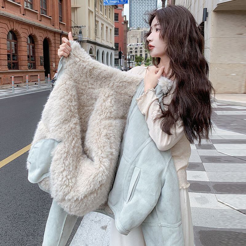小个子棉服女款冬季2026款小个子皮毛一体蓝色超好看冬装厚外套